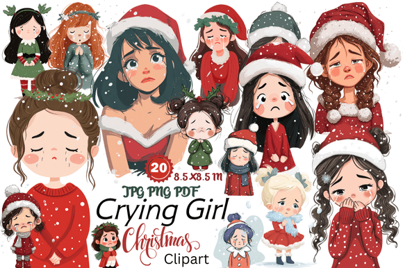 Crying Girl Christmas Clipart: Emotional Holiday Design