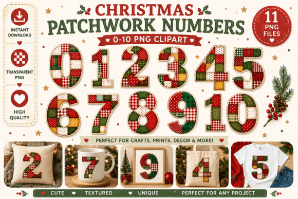 Patchwork Christmas Numbers Clipart for Creators