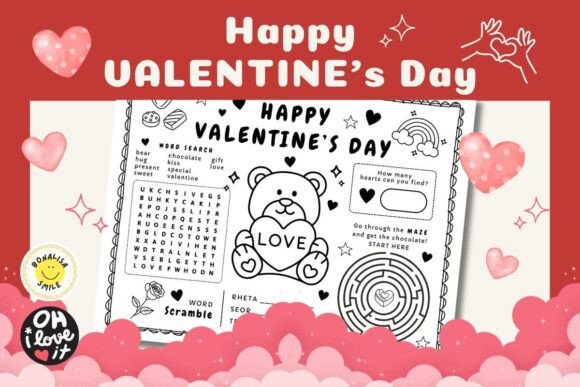 Valentine Coloring Pages WorkSheet Game: Design Assets with Heart